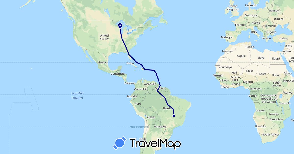 TravelMap itinerary: driving in Brazil, Bahamas, Dominican Republic, France, Guyana, Netherlands, Turks and Caicos Islands, United States (Europe, North America, South America)